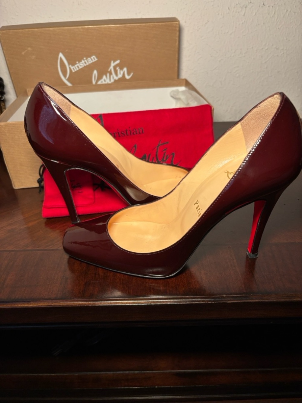 Christian Louboutin Glossy Wine Patent Leather Pumps with Signature Red Sole